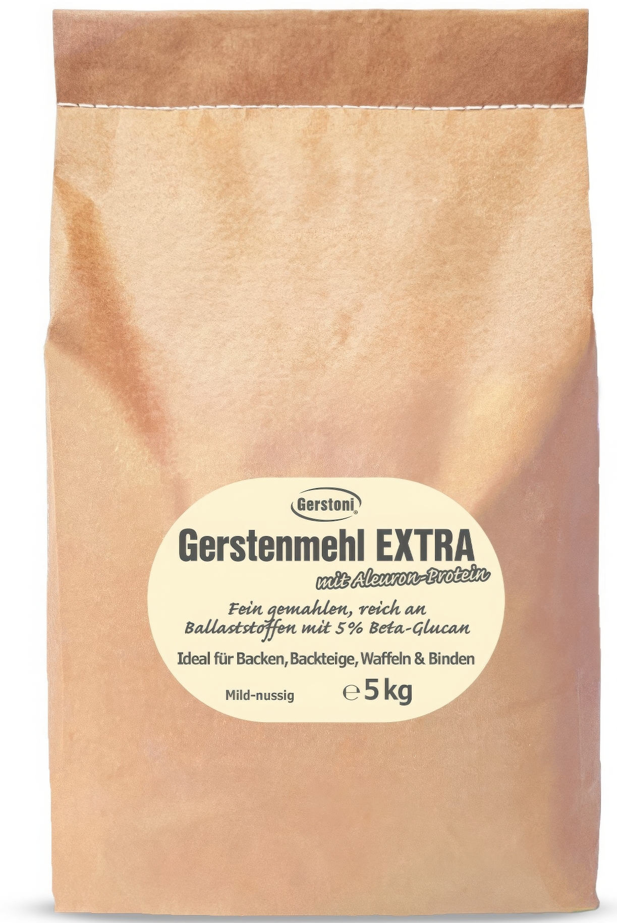 Beiger Papiersack mit einem gelben Aufkleber in der Mitte mit der Aufschrift Gerstenmehl EXTRA 5kg