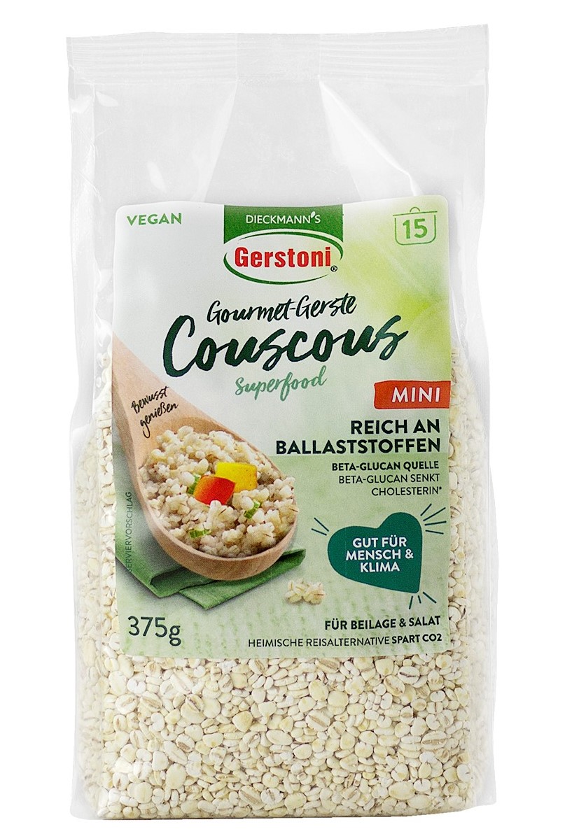 Eine Packung Gerstoni Gourmet Gersten-Couscous 375g vor weißem Hintergrund