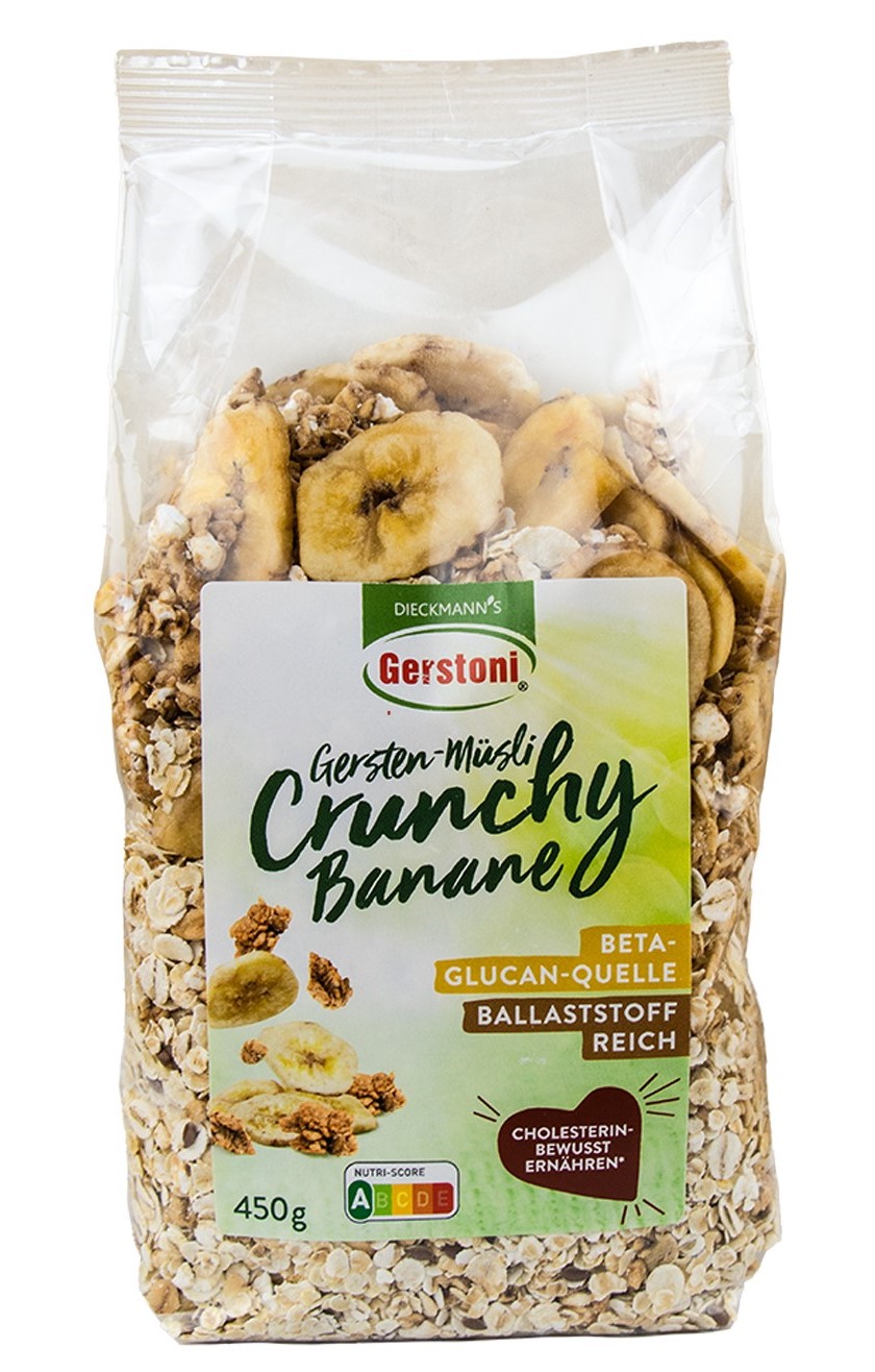 Eine Packung Gerstoni Gersten-Müsli der Sorte Crunchy Banane 500g vor weißem Hintergrund