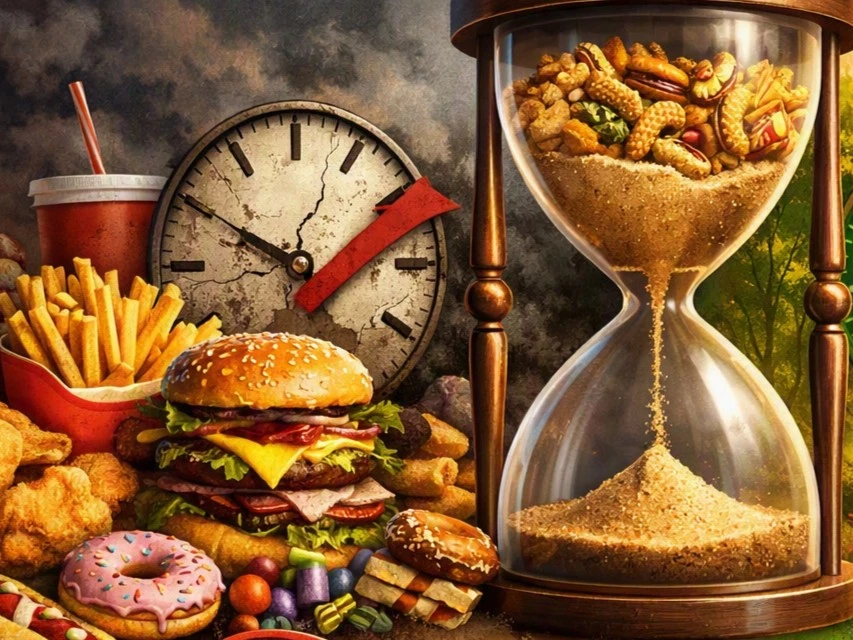 Fast Food mit einer Sanduhr und einer kaputten Uhr im Hintergrund