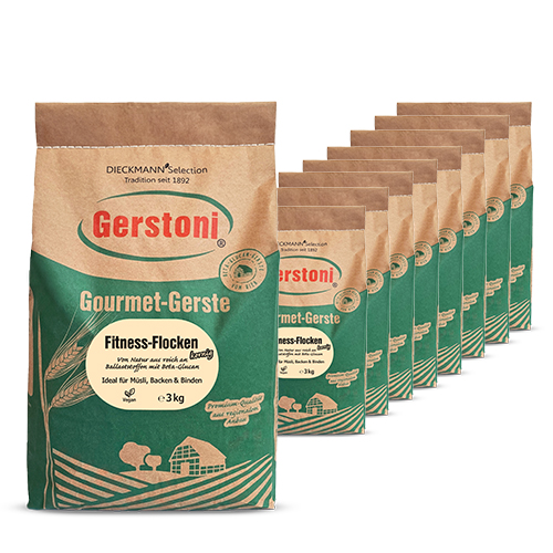 Braun-grüner Papiersack mit einem gelben Aufkleber in der Mitte mit der Aufschrift Fitnessflocken kernig 3kg