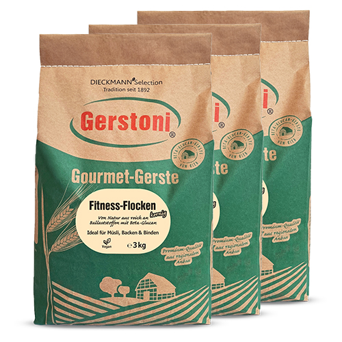 Braun-grüner Papiersack mit einem gelben Aufkleber in der Mitte mit der Aufschrift Fitnessflocken kernig 3kg