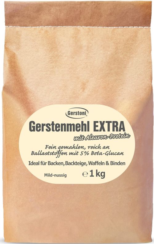 Beiger Papiersack mit einem gelben Aufkleber in der Mitte mit der Aufschrift Gerstenmehl EXTRA 1kg