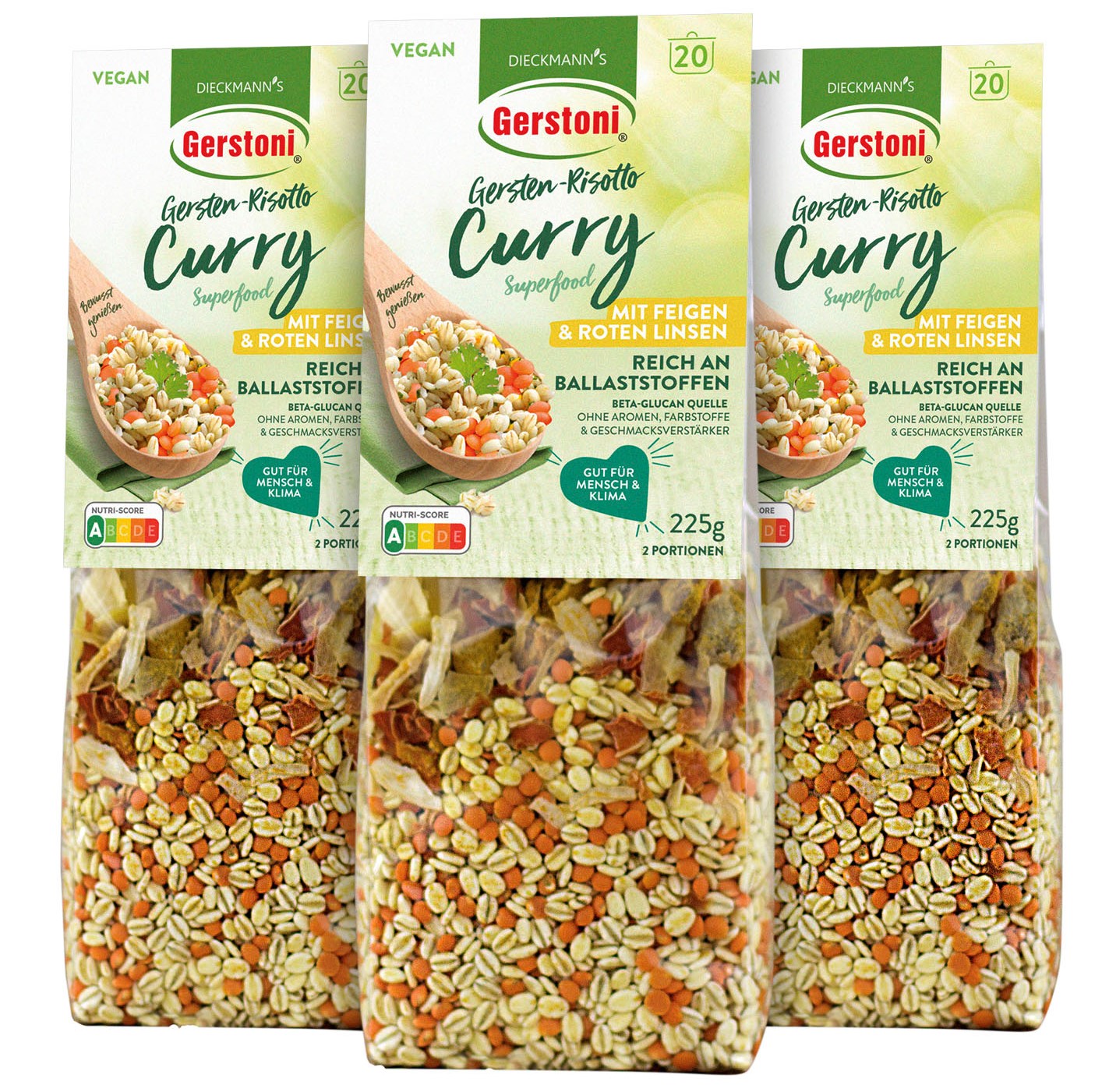 Drei Packungen Gerstoni Gersten-Risotto der Sorte Curry vor weißem Hintergrund