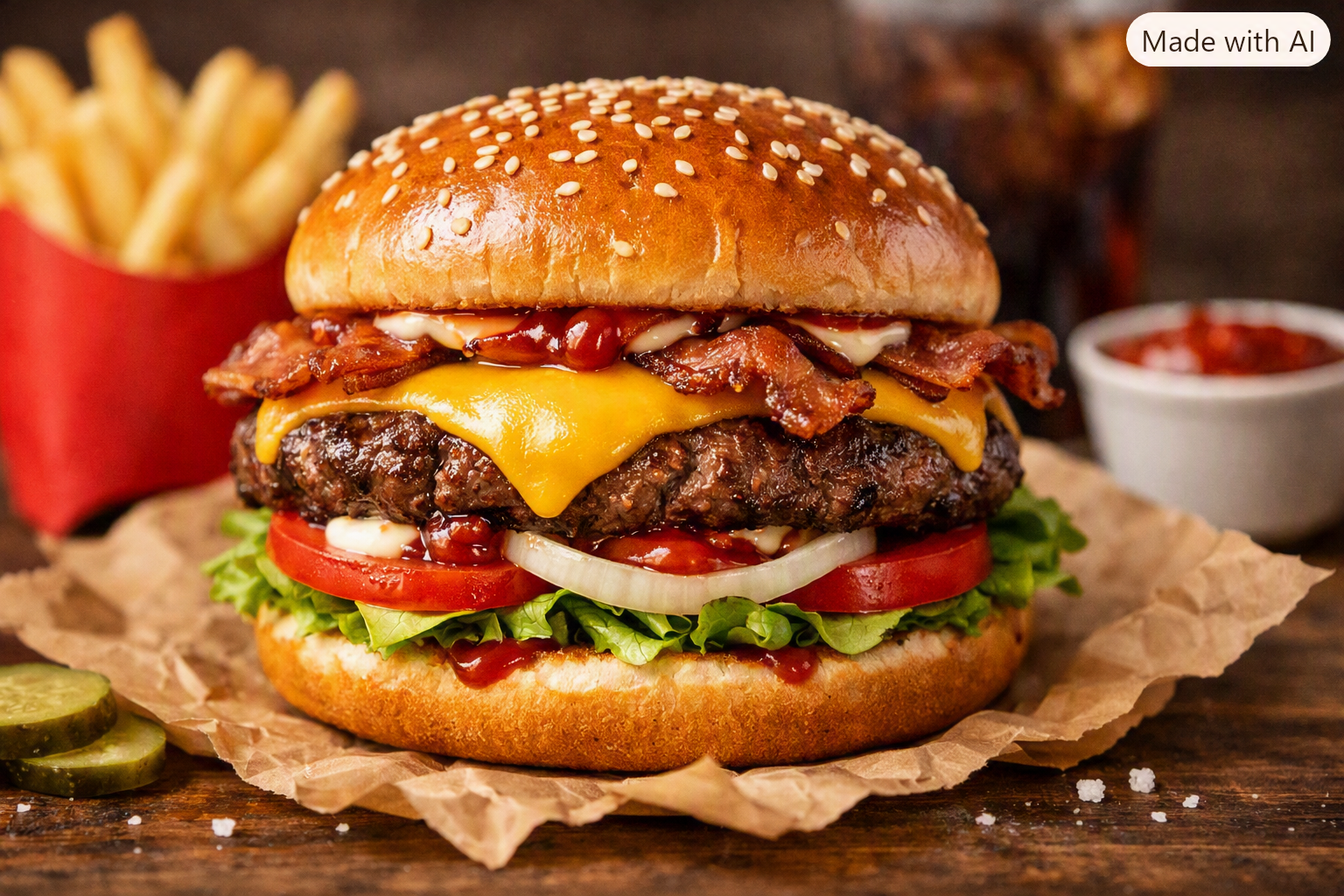 Saftiger Burger mit Pommes und Ketchup im Hintergrund